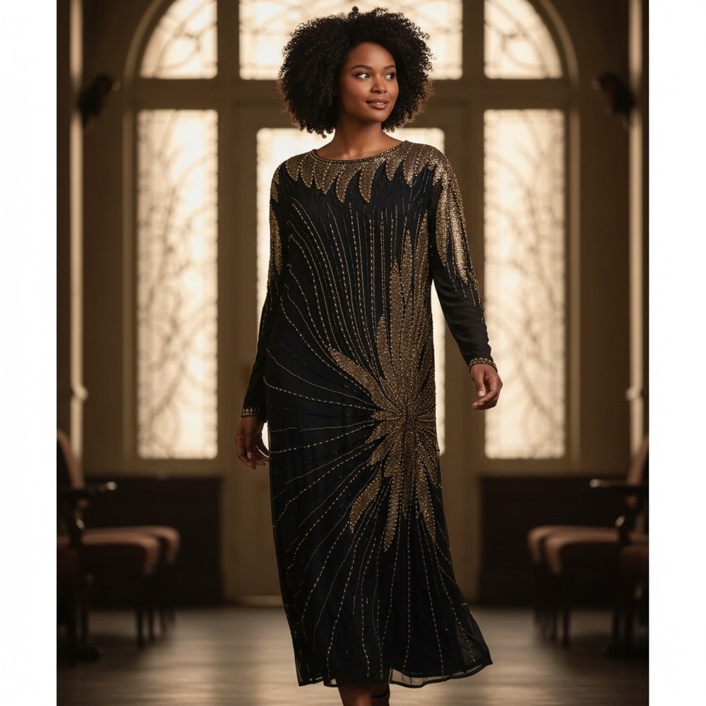 Stunning Vintage Black Silk Beaded Dress with Radiant Sunburst Design | Tag Size